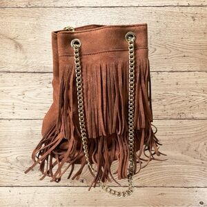 Fringed Suede Bucket Bag with Gold Chain Strap - Brown